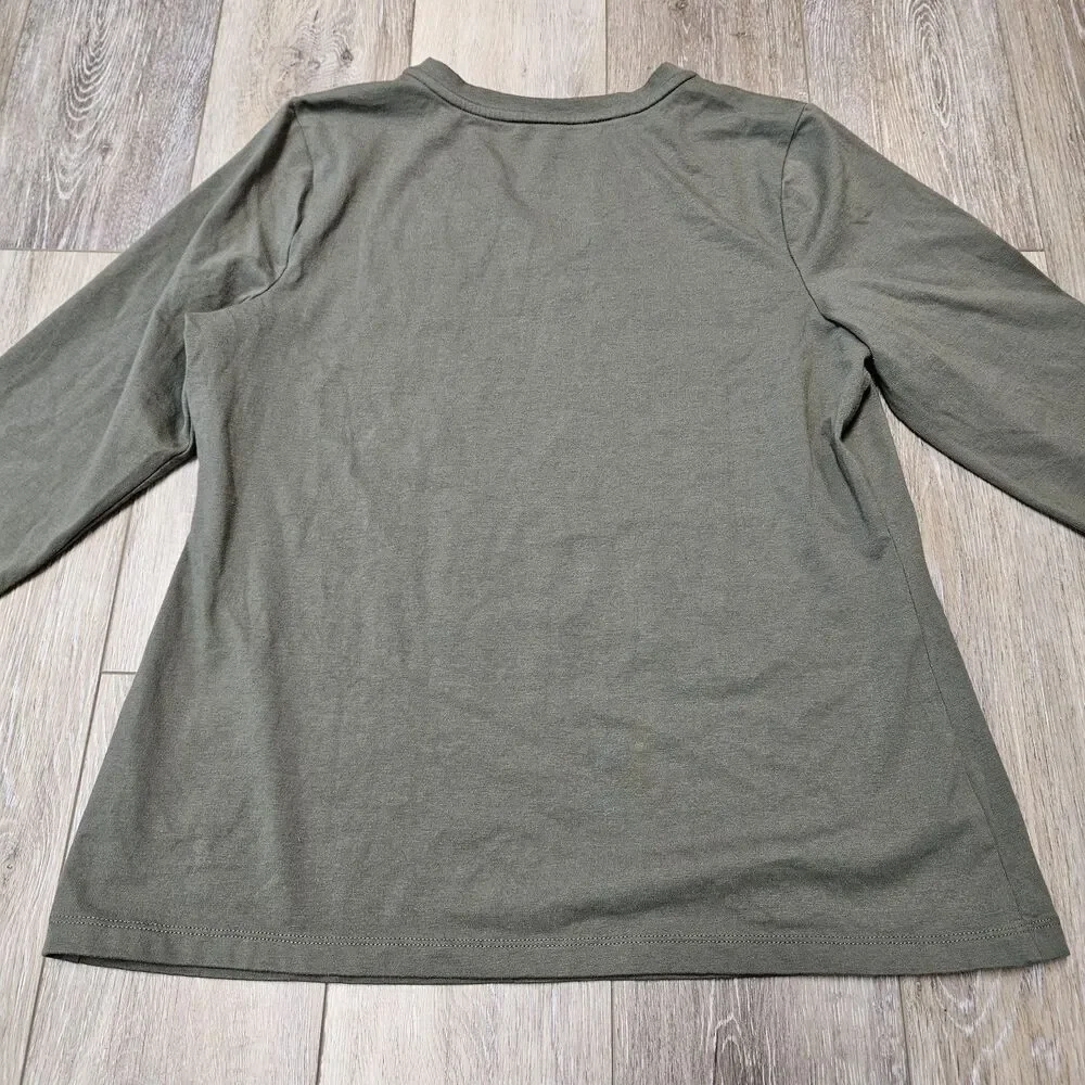 D & Co. Essential V Neck 3/4 Sleeves Pullover Tee Shirt Green Women's Medium